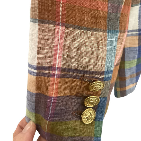 Smythe Two Button Blazer In Madras Plaid 100% Linen With 100% Silk Lining Size 8 - Picture 4 of 7